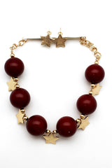 Brand New Red Brown Beaded Necklace and Earrings Set for Women with Gold Tone Star Charms, Adjustable Statement Jewelry, WN60