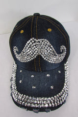 Brand New Adult Unisex Dark Denim Mustache Fashion Cap With Rhinestone Brim Adjustable Hat M18