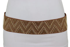 New Women Brown Elastic Fashion Belt Gold Metal Stud Chevron S M