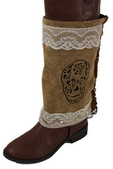 Brand New Women Western Boot Cover Topper Pair Long Beige Fabric Lace Slip On Sugar Skulls