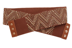 New Women Brown Elastic Fashion Belt Gold Metal Stud Chevron S M