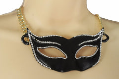 Brand New Women’s Masquerade Pendant Necklace Women Black Rhinestone Mask Gold Chain Jewelry - WN26