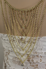 Gold Tone Rhinestone Waterfall Back Necklace, Open Back Wedding Dress Jewelry, Layered Bridal Back Chain, Clear Teardrop Drop WN80