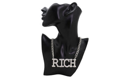 Brand New Women Statement Necklace RICH Word Charm Silver Tone Adjustable WN62