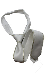 Brand New White Narrow Zipper Tie With Rhinestone Edge Satin Look Formal Costume Neck Tie