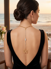 Handmade Gold Tone Coin Back Pendant, Hook On Necklace Attachment, Rhinestone Open Back Bridal Wedding Dress Jewelry, 7 Inch Drop WN82
