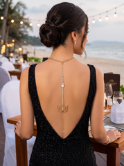 Handmade Gold Tone Coin Back Pendant, Hook On Necklace Attachment, Rhinestone Open Back Bridal Wedding Dress Jewelry, 7 Inch Drop WN82