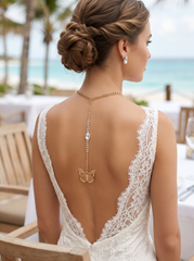 Handmade Gold Tone Coin Back Pendant, Hook On Necklace Attachment, Rhinestone Open Back Bridal Wedding Dress Jewelry, 7 Inch Drop WN82
