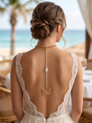 Handmade Gold Tone Coin Back Pendant, Hook On Necklace Attachment, Rhinestone Open Back Bridal Wedding Dress Jewelry, 7 Inch Drop WN82