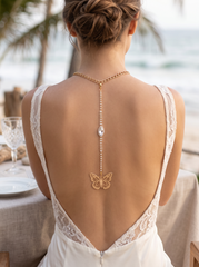 Handmade Gold Tone Coin Back Pendant, Hook On Necklace Attachment, Rhinestone Open Back Bridal Wedding Dress Jewelry, 7 Inch Drop WN82