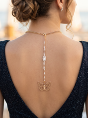 Handmade Gold Tone Coin Back Pendant, Hook On Necklace Attachment, Rhinestone Open Back Bridal Wedding Dress Jewelry, 7 Inch Drop WN82
