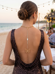 Handmade Gold Tone Coin Back Pendant, Hook On Necklace Attachment, Rhinestone Open Back Bridal Wedding Dress Jewelry, 7 Inch Drop WN82