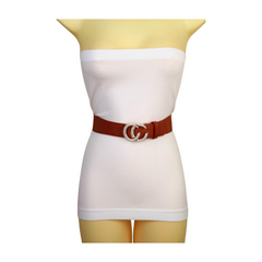 Brand New Women Brown Elastic Waistband Unique Fine Fashion Belt Bling CC Metal Buckle S M
