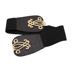 Brand New Women Black Wide Elastic Waistband Fashion Belt Gold Metal Interlocking Buckle Size S M - WB31