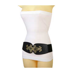 Brand New Women Black Wide Elastic Waistband Fashion Belt Gold Metal Interlocking Buckle Size S M - WB31