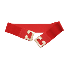 Women Red Elastic Fashion Belt Gold Metal C Buckle Fit Size S M
