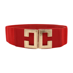 Women Red Elastic Fashion Belt Gold Metal C Buckle Fit Size S M