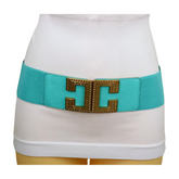 Women Mint Green Shade Elastic Wide Belt Metal C Buckle Adjustable Size S M