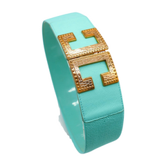 Women Mint Green Shade Elastic Wide Belt Metal C Buckle Adjustable Size S M