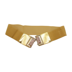 Women Gold Elastic Wide Belt Bling Metal Square Buckle S M