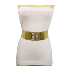 Women Gold Elastic Wide Belt Bling Metal Square Buckle S M
