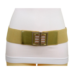 Women Gold Elastic Wide Belt Bling Metal Square Buckle S M