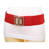 New Women Red Elastic Wide Fashion Belt Bling Metal Square Buckle S M