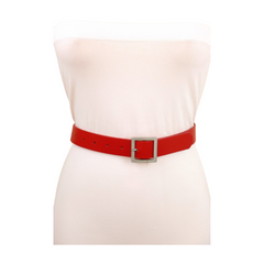 Women Red Faux Leather Skinny Hip Waist Belt Silver Square Metal Buckle S M