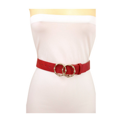Women Red Faux Leather Fashion Belt Gold Bamboo Circle Metal Buckle M L