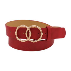 Women Red Faux Leather Fashion Belt Gold Bamboo Circle Metal Buckle M L