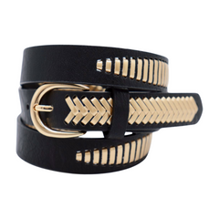 Women Black Faux Leather Gold Weave Braide Hip Waist Belt Gold Buckle S M