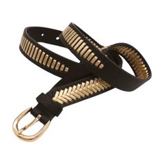 Women Black Faux Leather Gold Weave Braide Hip Waist Belt Gold Buckle S M