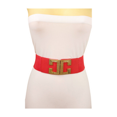 New Women Red Elastic Fashion Belt Gold Metal C Buckle Size S M