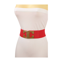 New Women Red Elastic Fashion Belt Gold Metal C Buckle Size S M