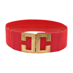Women Coral Elastic Wide Fashion Belt Gold Metal C Buckle Adjustable S M