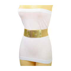 Women Gold Color Elastic Wide Boutique Fashion Belt Metal C Buckle S M