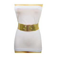 Women Gold Color Elastic Wide Boutique Fashion Belt Metal C Buckle S M
