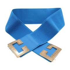 Women Blue Elastic Wide Fashion Belt Hip Waist Gold Metal C Buckle S M