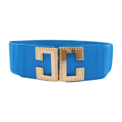 Women Blue Elastic Wide Fashion Belt Hip Waist Gold Metal C Buckle S M