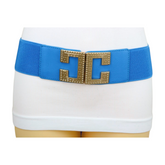 Women Blue Elastic Wide Fashion Belt Hip Waist Gold Metal C Buckle S M