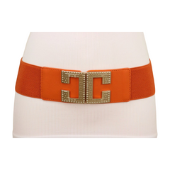 Women Orange Elastic Wide Belt Hip Waist Gold Metal C Buckle S M