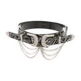 Women Black Elastic Belt Paisley Print Western Double Buckle Chain S M