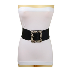 Women Black Elastic Belt Beige Square Buckle Faux Snake Print Size S M