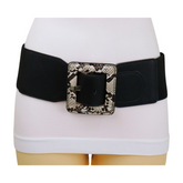 Women Black Elastic Belt Beige Square Buckle Faux Snake Print Size S M