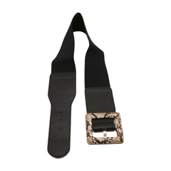 Women Black Elastic Belt Beige Square Buckle Faux Snake Print Size S M