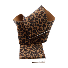 Women Elastic Brown Leopard Animal Print Belt Silver Buckle S M