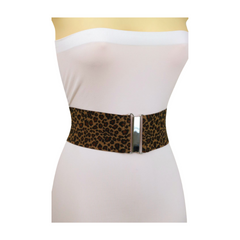 Women Elastic Brown Leopard Animal Print Belt Silver Buckle S M