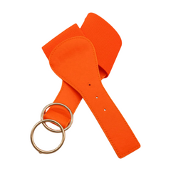 Women Neon Orange Elastic Belt Gold Circle Buckle S M