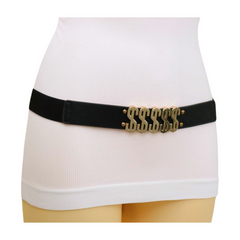 Women Black Elastic Fashion Belt Gold Metal Dollar Sign $$$$$ Size S M
