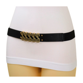 Women Black Elastic Fashion Belt Gold Metal Dollar Sign $$$$$ Size S M